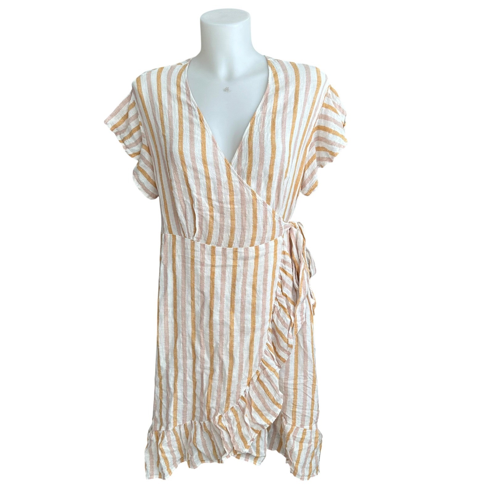 Rails BRIGITTE Amber Cream Metallic Stripe Wrap Dress Cap Sleeves size L