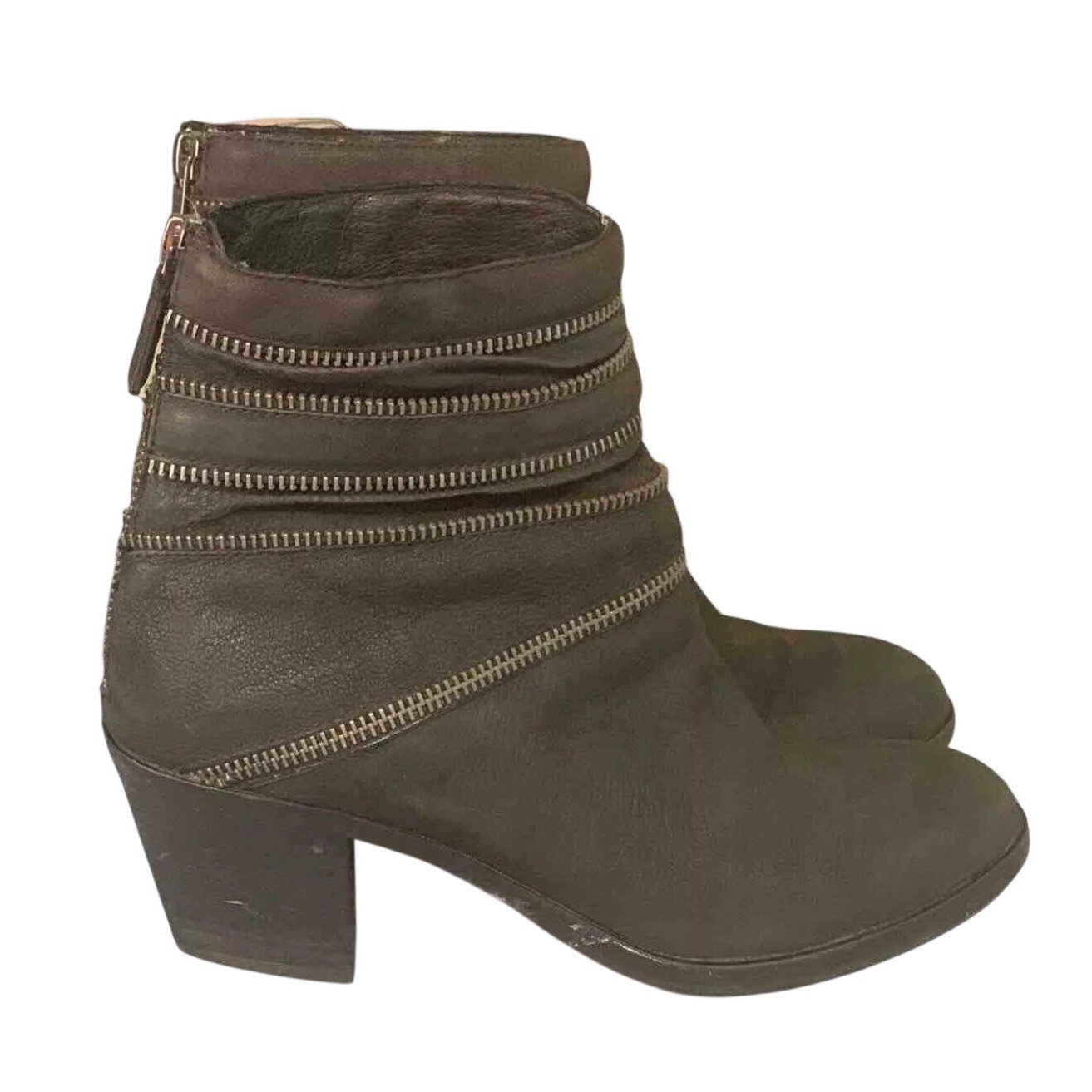 Eileen Fisher Ankle Boots Womens 8.5 Brown Leather Multi Zipper Moto Block Heel