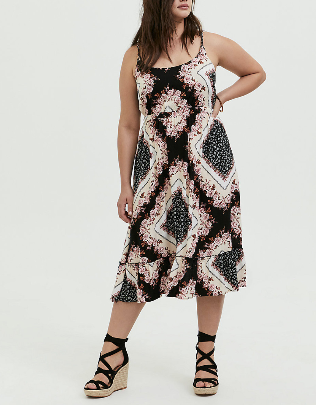 TORRID WOMEN’S BLACK MULTI SCARF PRINT CHALLIS SHIRRED HEM MIDI DRESS Sz 3 3X