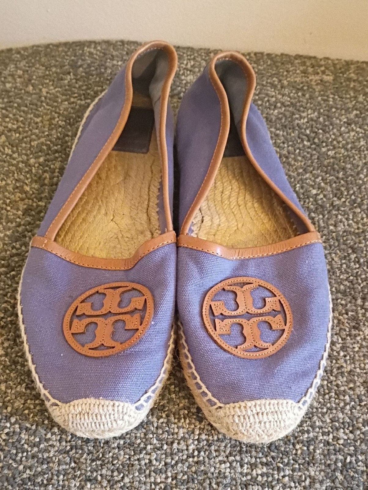 Tory Burch Lavender Canvas Espadrilles with Tan Leather Trim