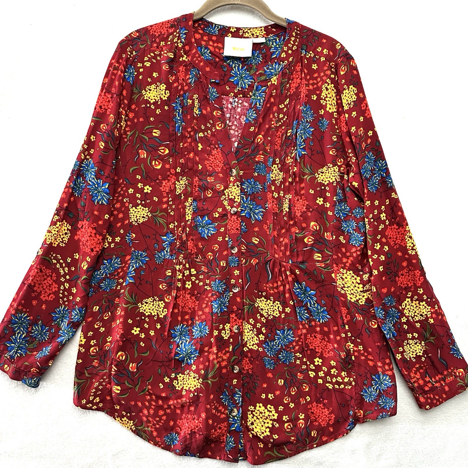Maeve Anthropologie Printed Pintucked Blouse L Large Red Floral Roll Tab Sleeve