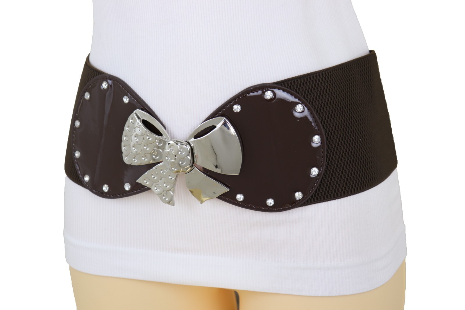 Women Dark Brown Color Wide Apparel Belt Silver Metal Bow Tie Ribbon Buckle S M