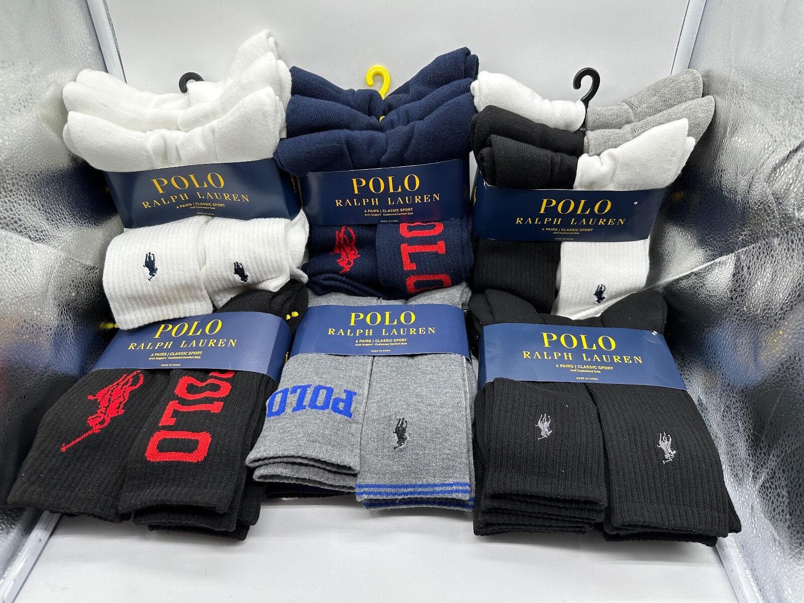 6 PAIRS POLO RALPH LAUREN CLASSIC SPORT MEN CREW SIZE 10-13 BLACK/ SILVER