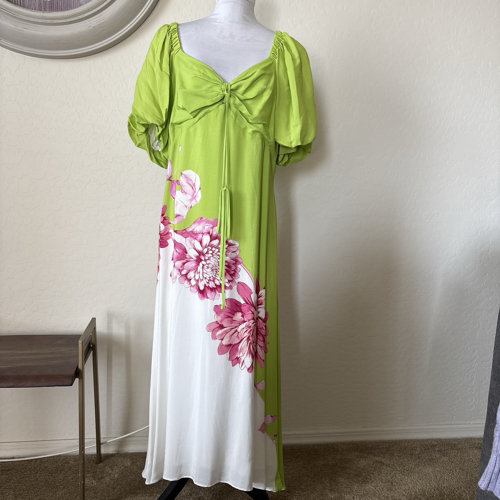 ALEX MARIE Rayon Green And Pink Floral Dress With Puff Sleeves. 14P