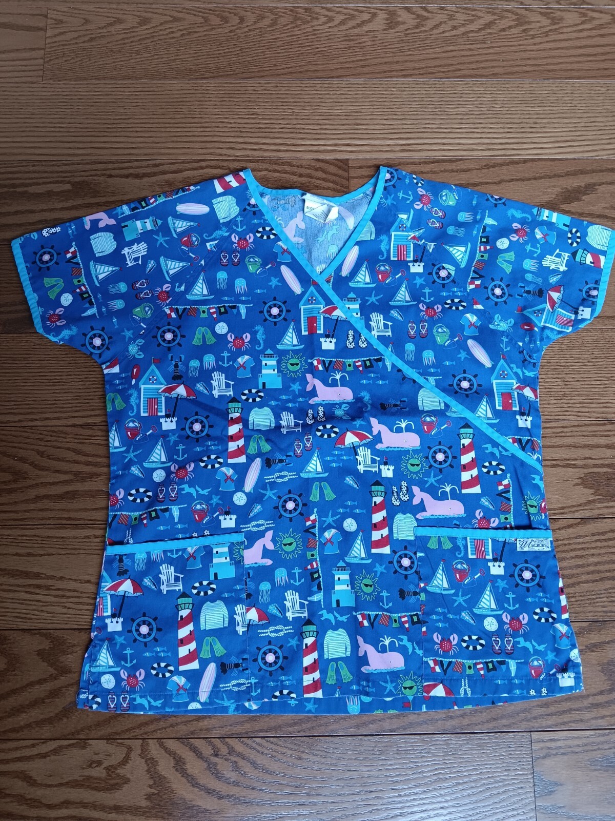 UA Scrubs Medical Uniform Top Womens Large Mock Wrap Blue W/Beach/Ocean/Summer