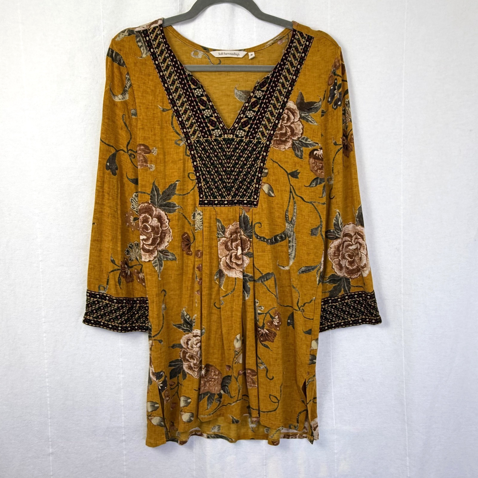 Soft Surroundings Etana Tunic Women’s Sz M Mustard Yellow Floral Embroidered Top