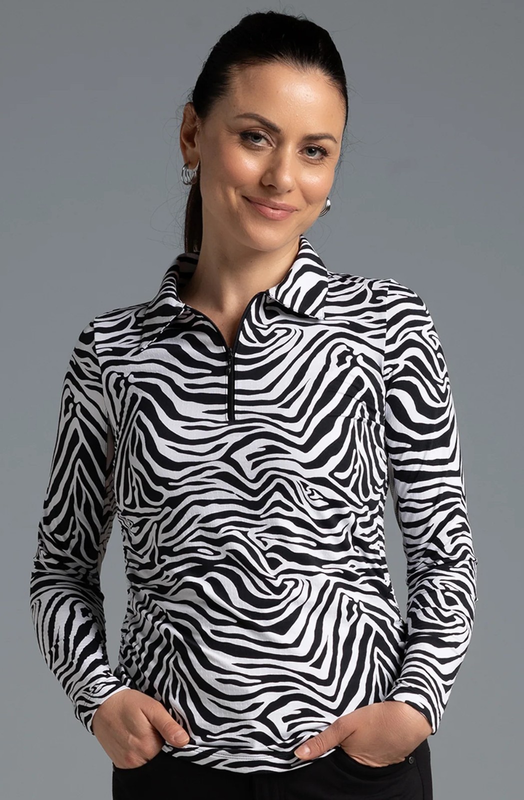 NWT IBKUL CECILIA BLACK WHITE Zebra Long Sleeve Adjustable Polo – S M L XL XXL