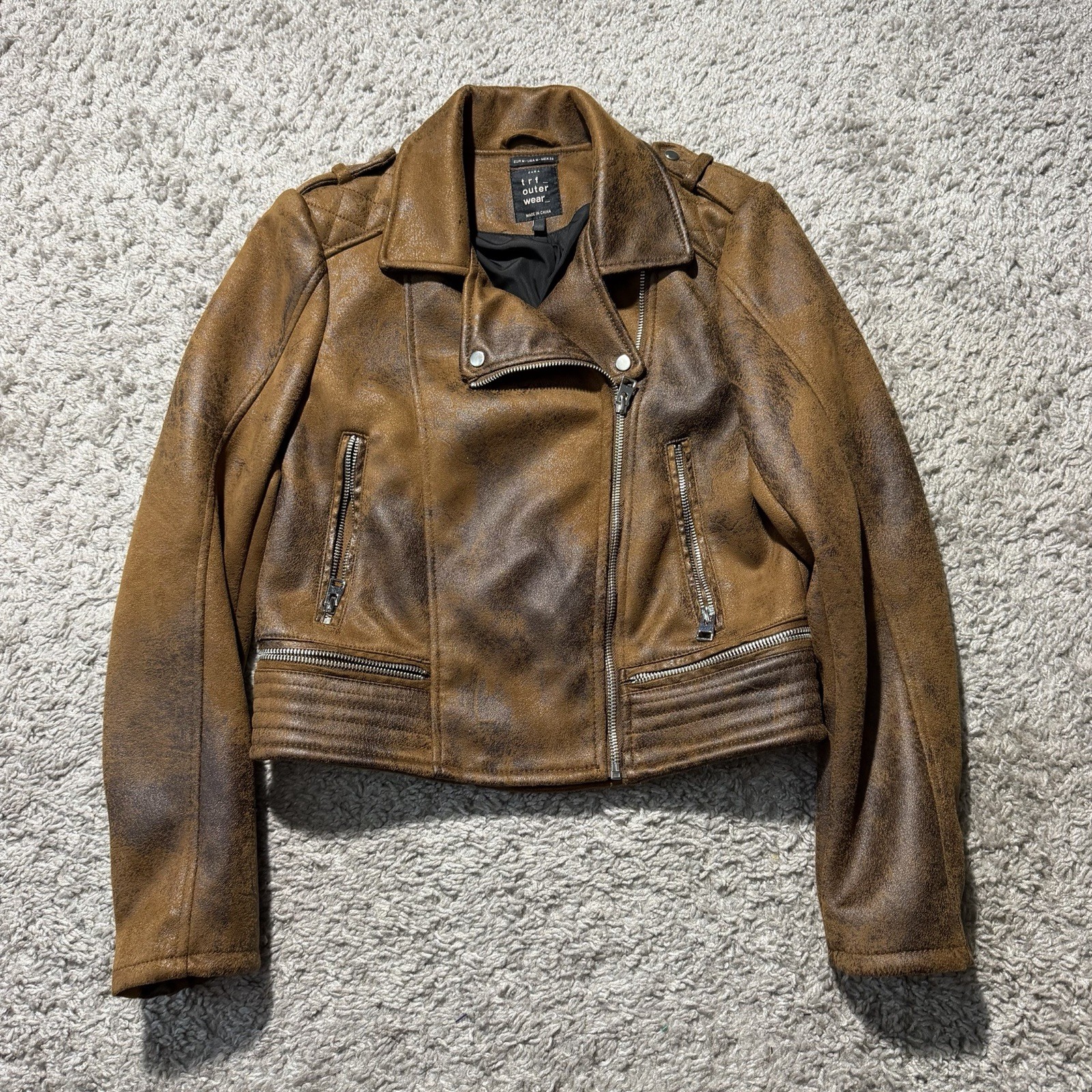 Zara TRF Brown Biker Motorcycle Moto Rock Punk Distressed Faux Leather M Grunge