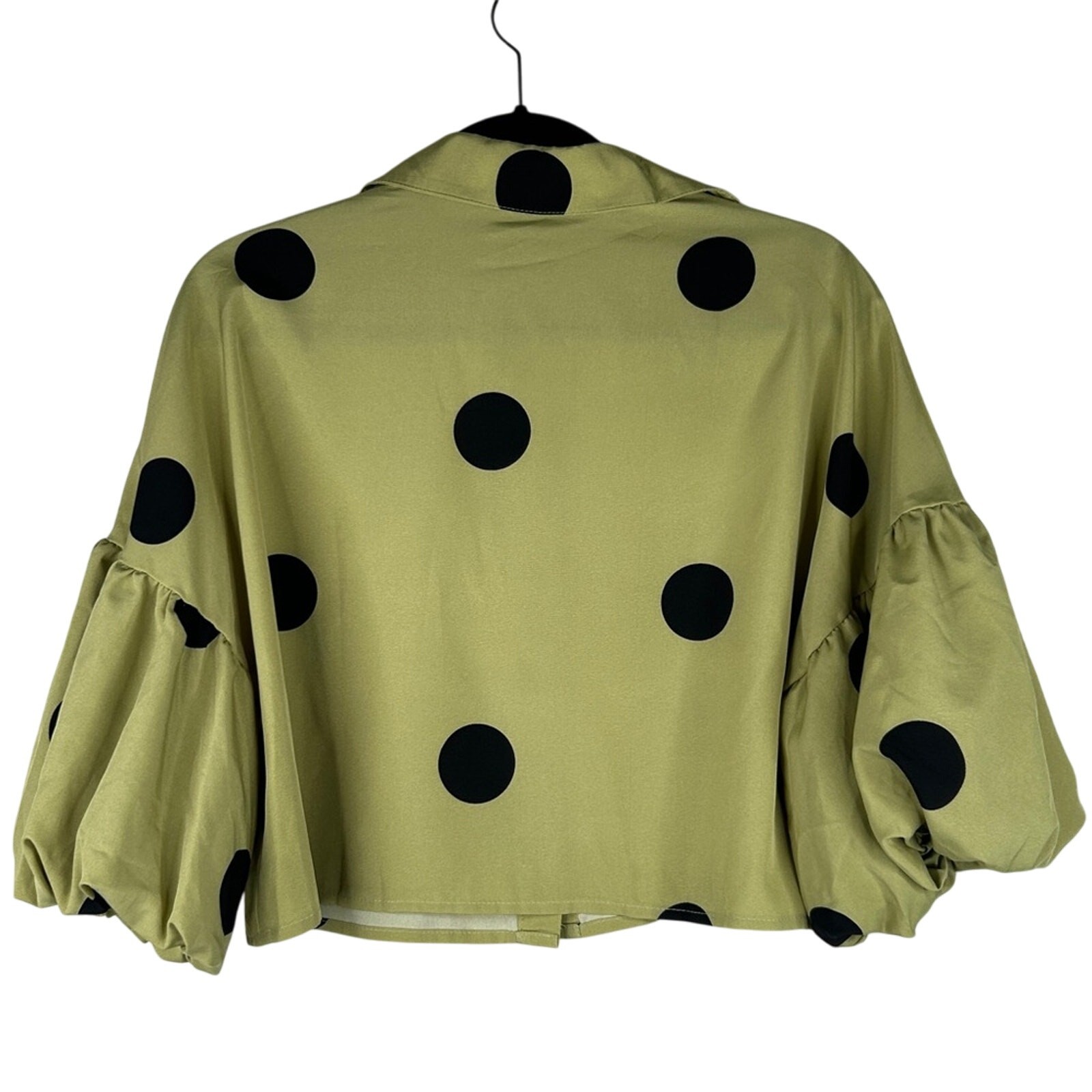 SHEIN Green & Black Polka Dot Button Down Balloon Sleeve Crop Top Size Small