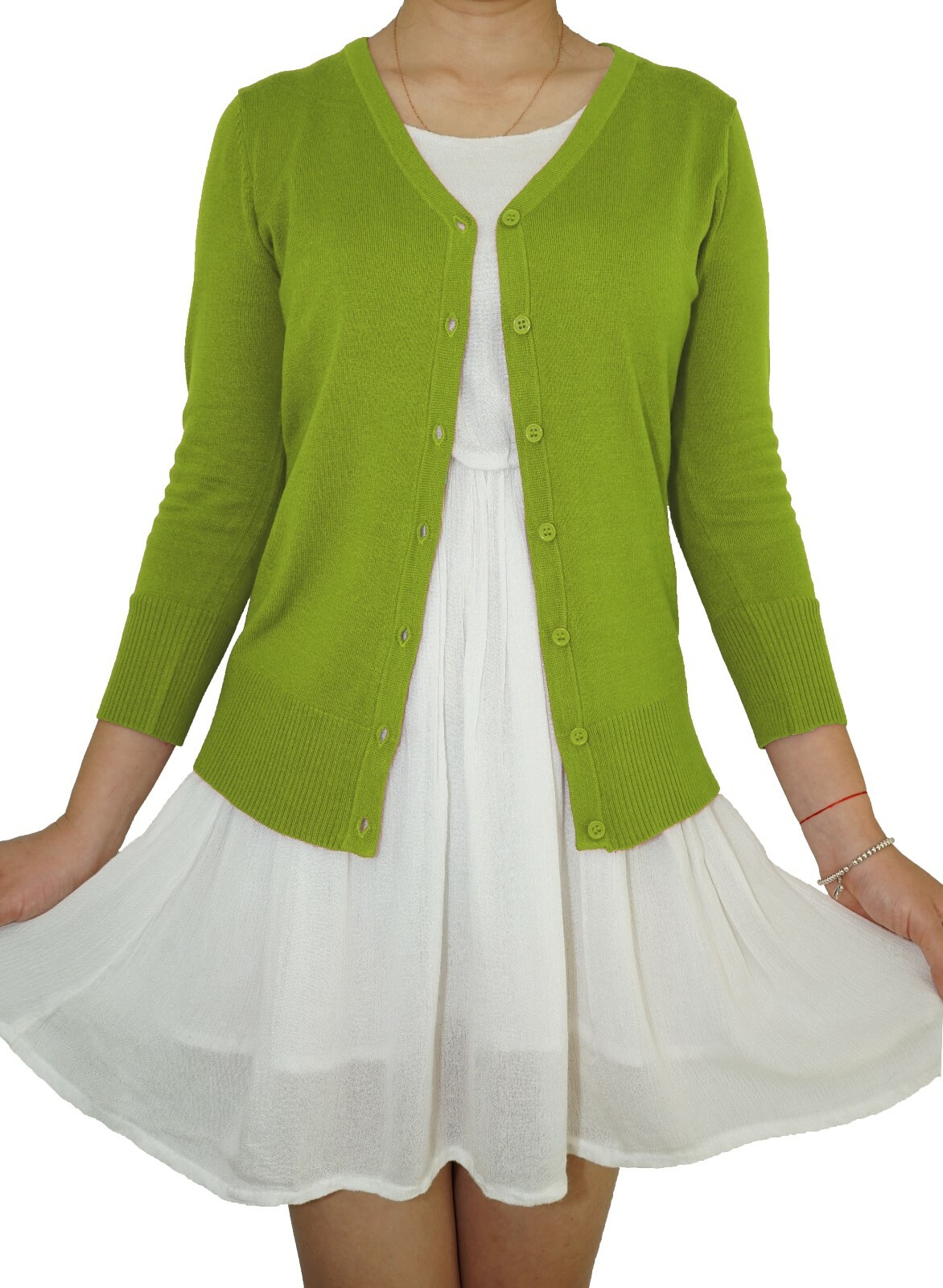 Women Fitted Cardigan V-Neck 3/4 Sleeve Vintage Soft Knit Basic & Plus Size USA