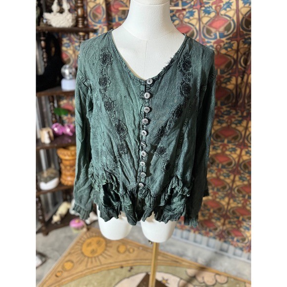Boho Ruffle Embroidered Button Front Long Sleeve Rayon Top Blouse M