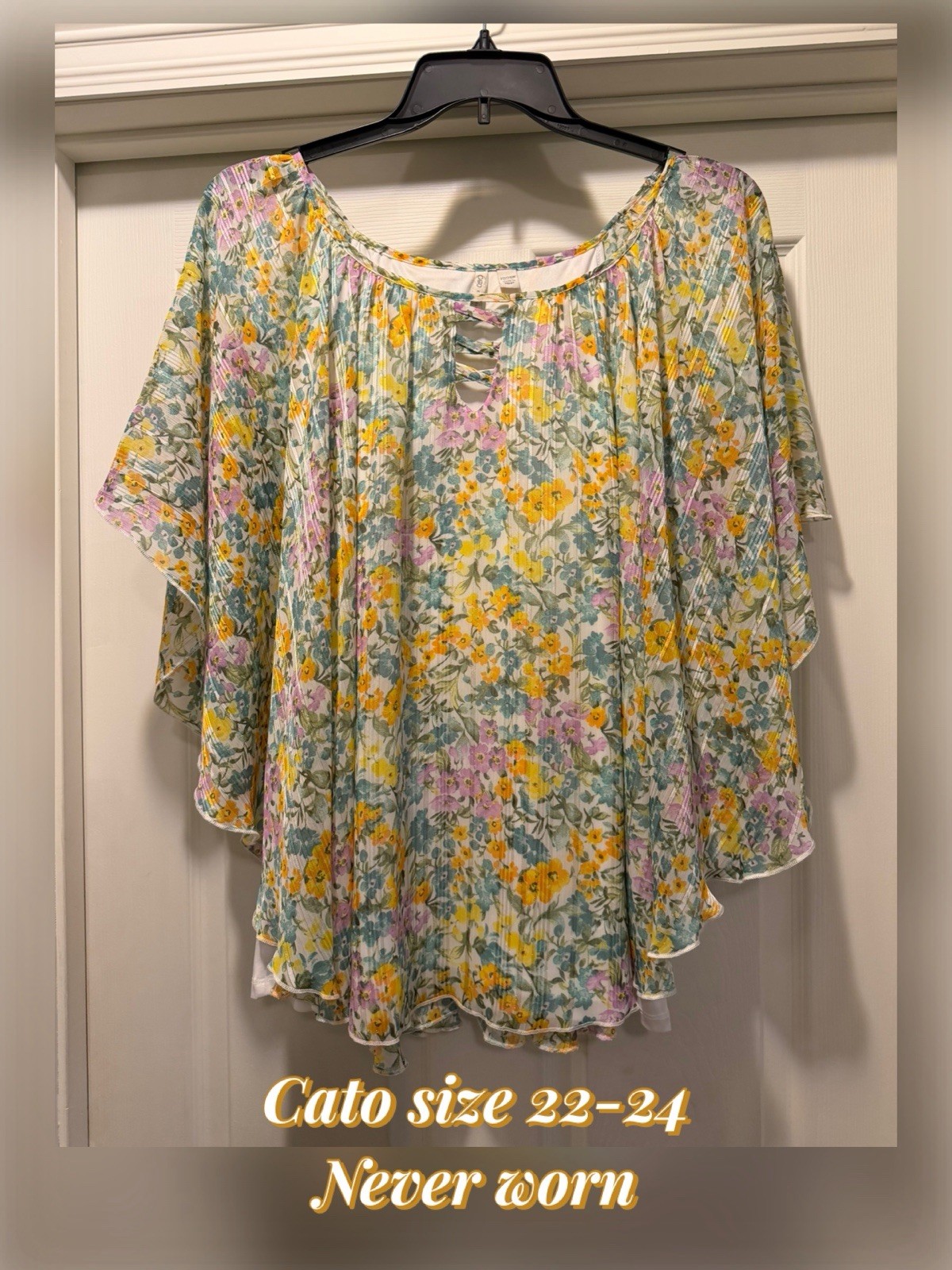 Cato Womens Plus 22-24 Multicolor Floral Round Neck Short Sleeve Top