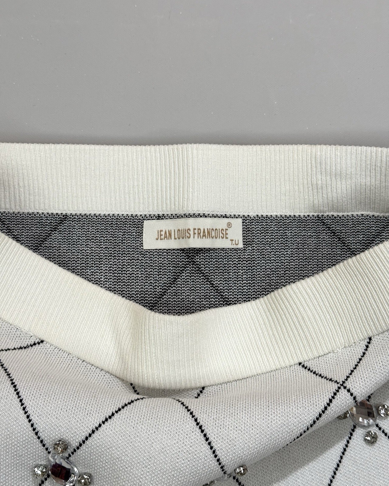 Jean Louis Francoise Knit Mini Skirt Argyle Rhinestone Cream White One Size