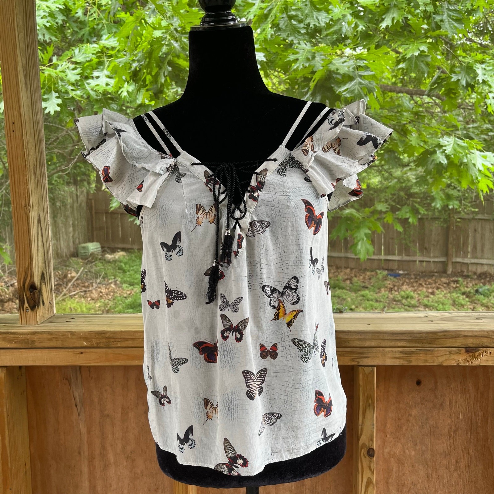 The Kooples Women’s Lace Up Butterfly Print Top 100% Silk Size S