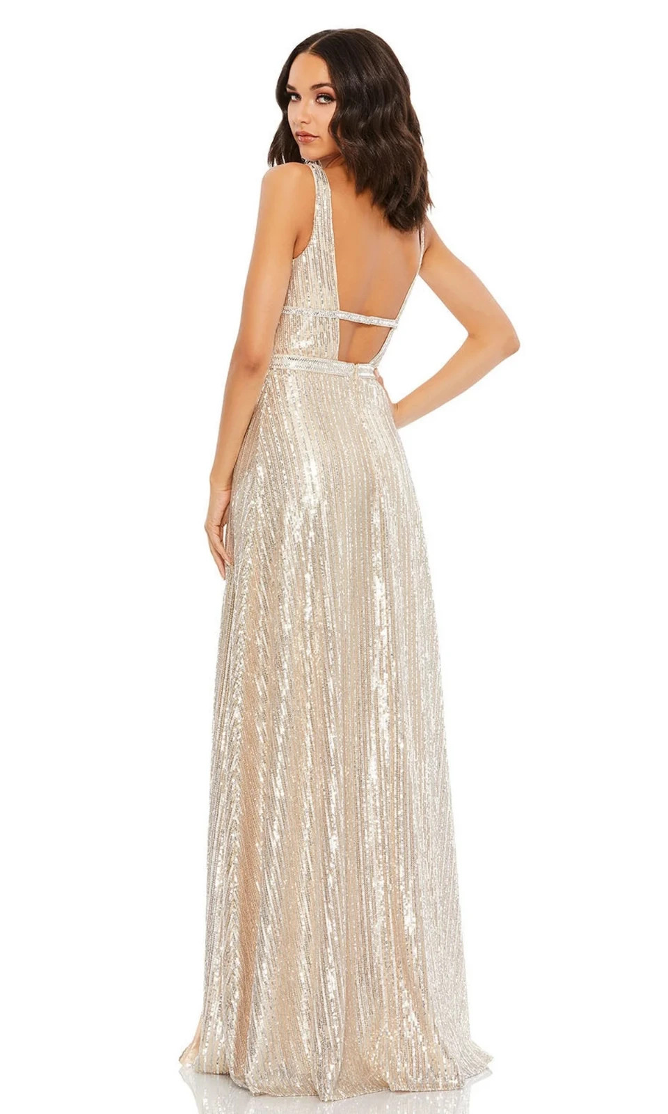 Mac Duggal Nude Silver Sequin Rhinestone Open Back High Slit A-Line Size 8 $398
