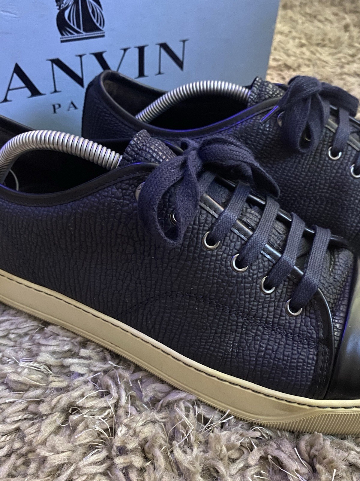 LANVIN Mens DBB1 Navy Embossed Leather Lace Up Sneakers Size UK 10 US 11
