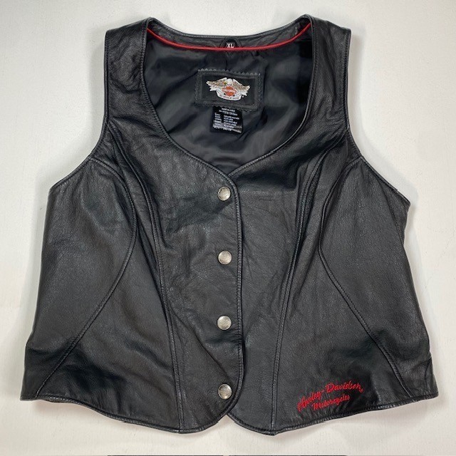 Harley Davidson Womens XL Black Leather Vest Eagle Heart Graphic Snap Front Moto