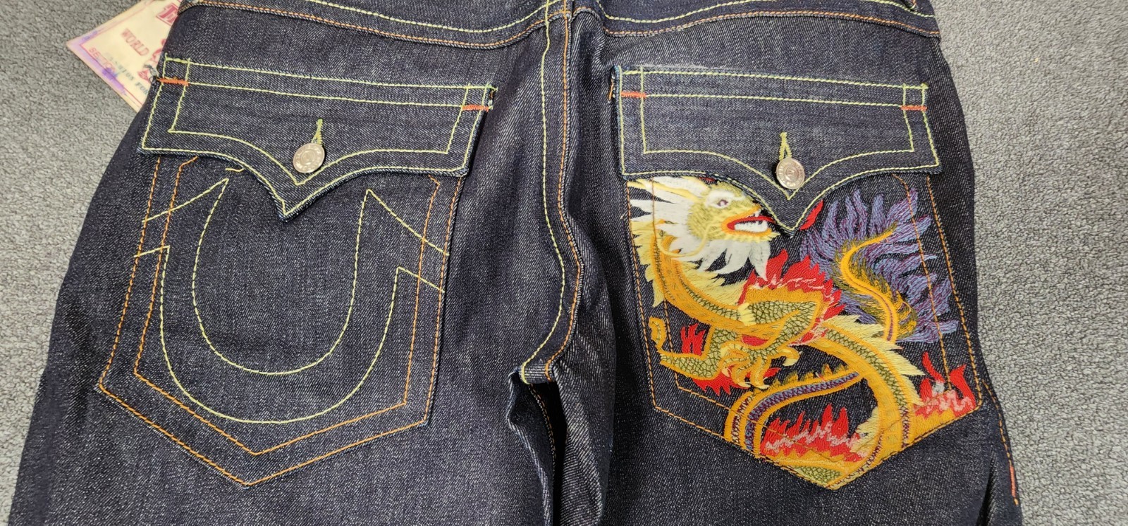 True Religion Joey Jeans Mens 38×35 Made in USA Dragon Embroidered Flare Raw Y2K