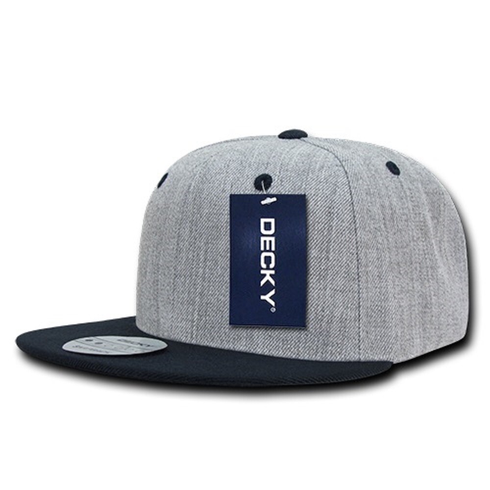 6 Panel Flat Bill Snapback Hat – Heather Gray & Navy Blue (Decky 1092-HGYNVY)