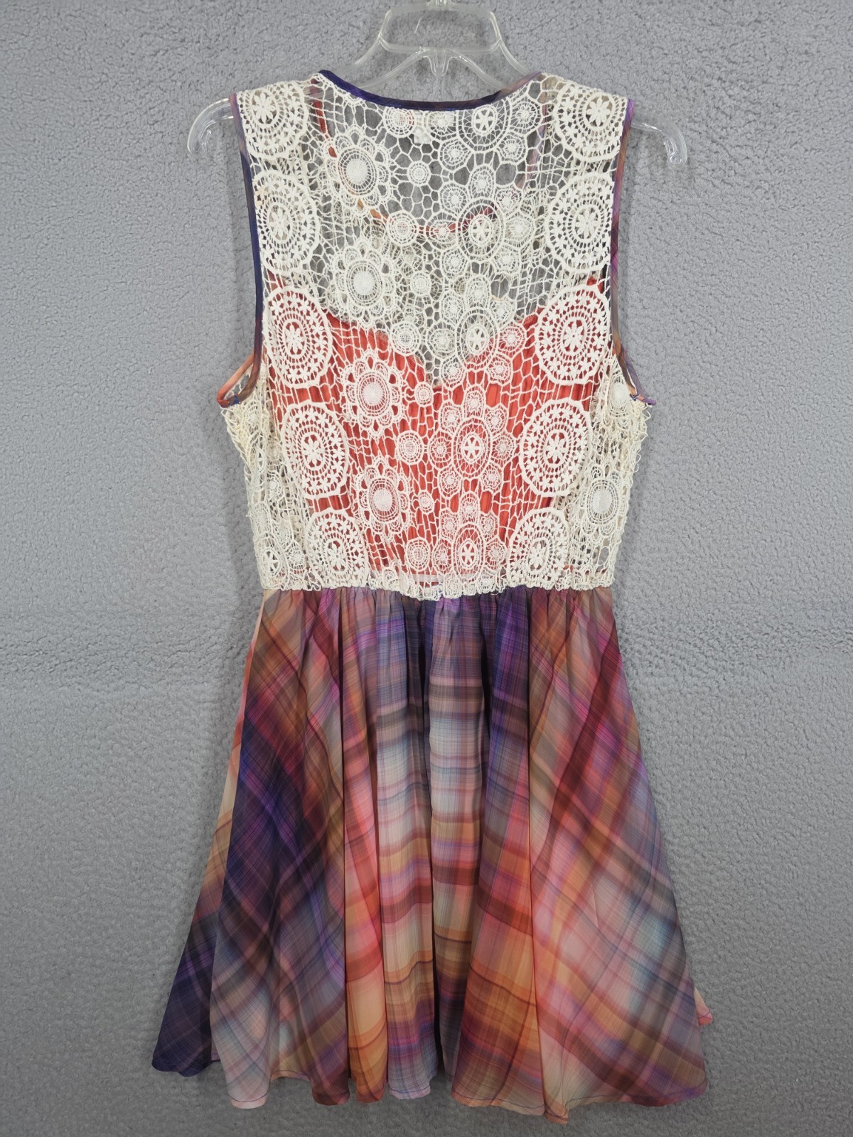 Plaid Fit And Flare Dress Medium GB Crochet Trim Orange Purple Sundress Knee Lgt