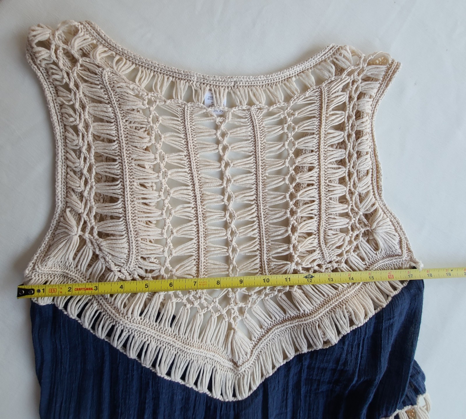 Cream & Blue Crochet Duster Over Wrap. Boho, Hippie Sz: M, Vivid Importers Of NY