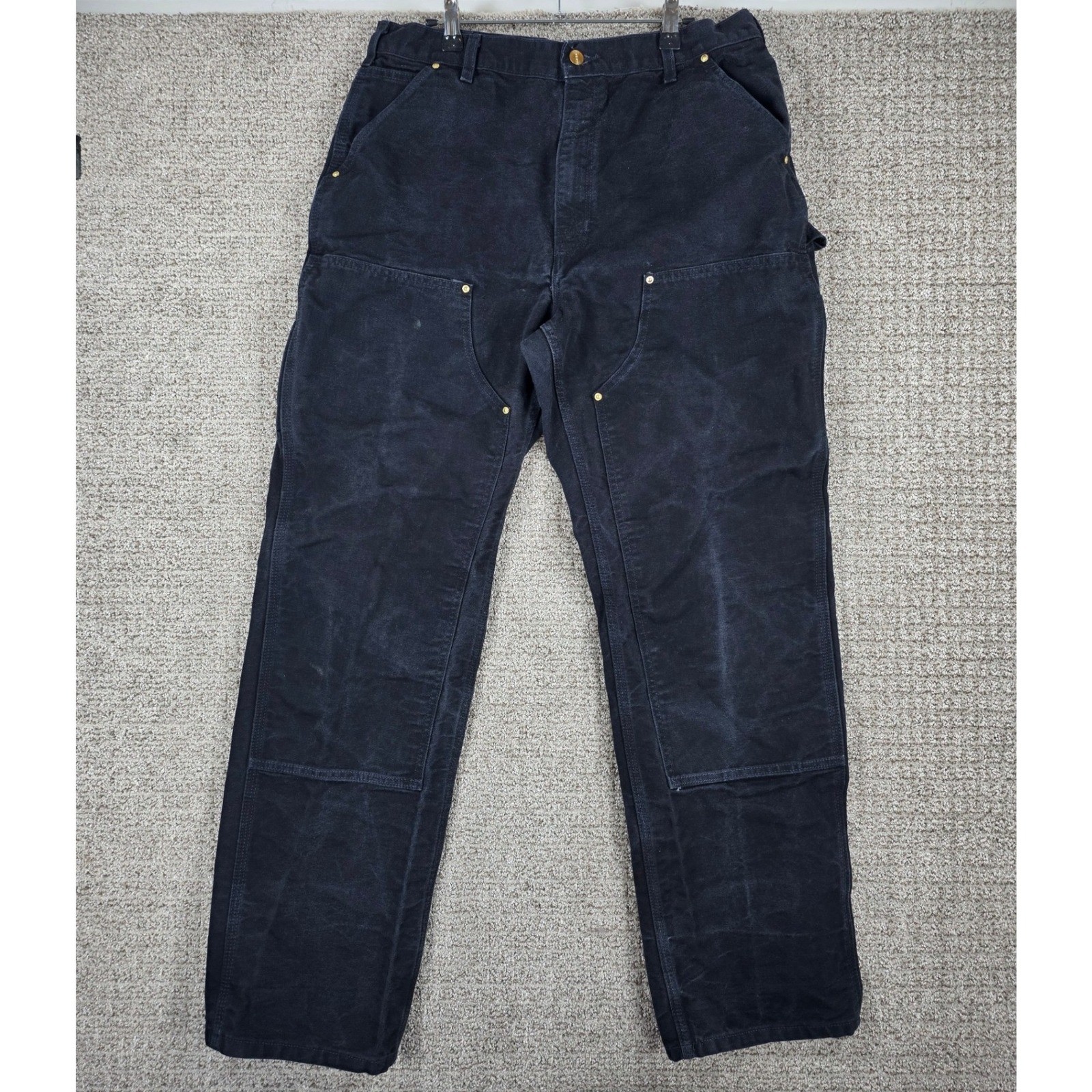 Distressed Carhartt B01 BLK Loose Fit Double Knee Dungaree Black Pants 36×34 USA