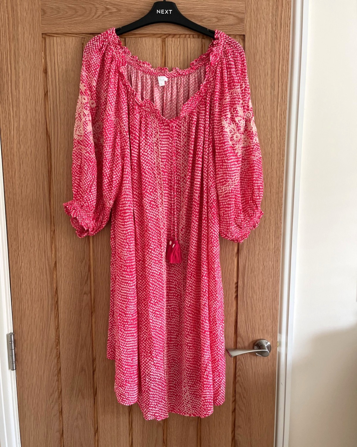 Monsoon Raspberry Red/Pink & White On-Off Shoulder Beach Dress, Size M, 16-18