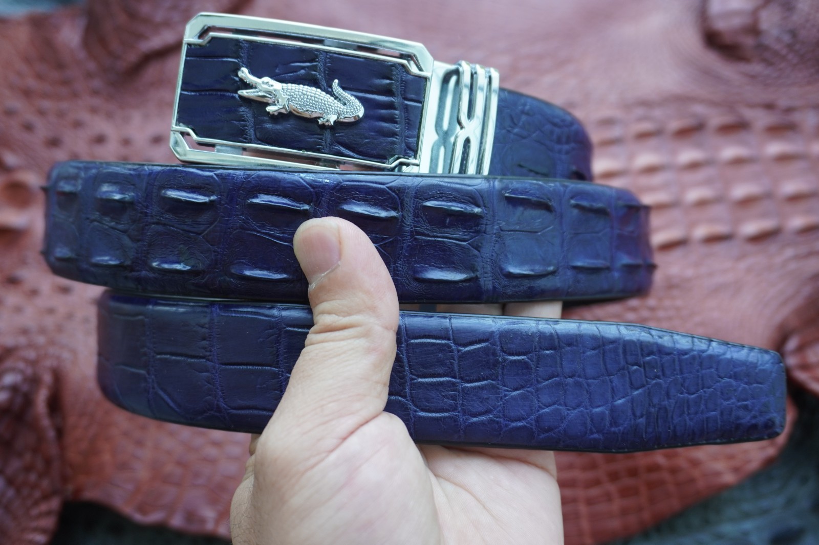 W 1.3 inch – Blue Real CROCODILE Hornback LEATHER Skin Men’s Belt #P20