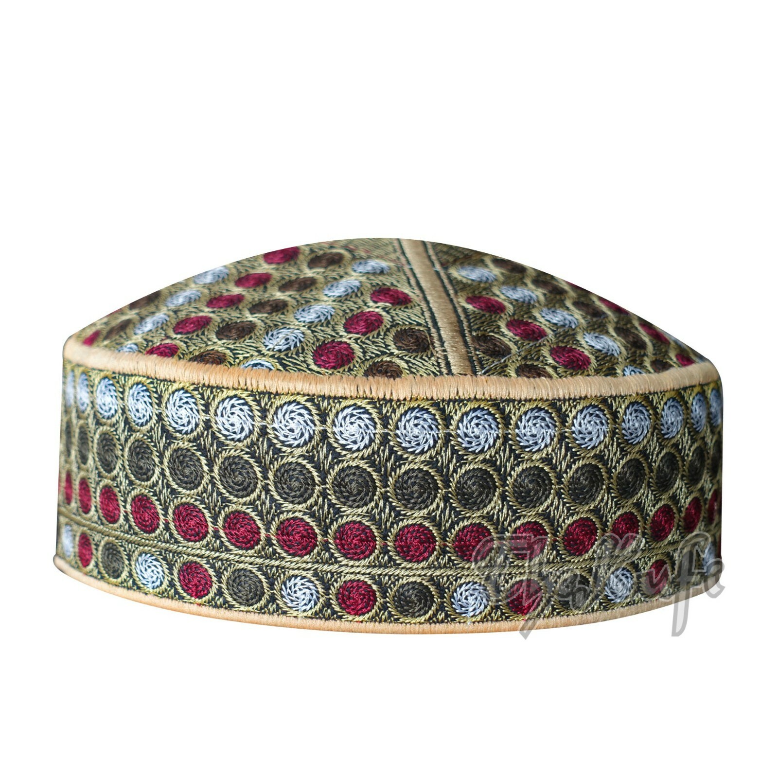 Khaki Green Maroon Embroidered Circle Design Semi-rigid Pakistani Style Kufi