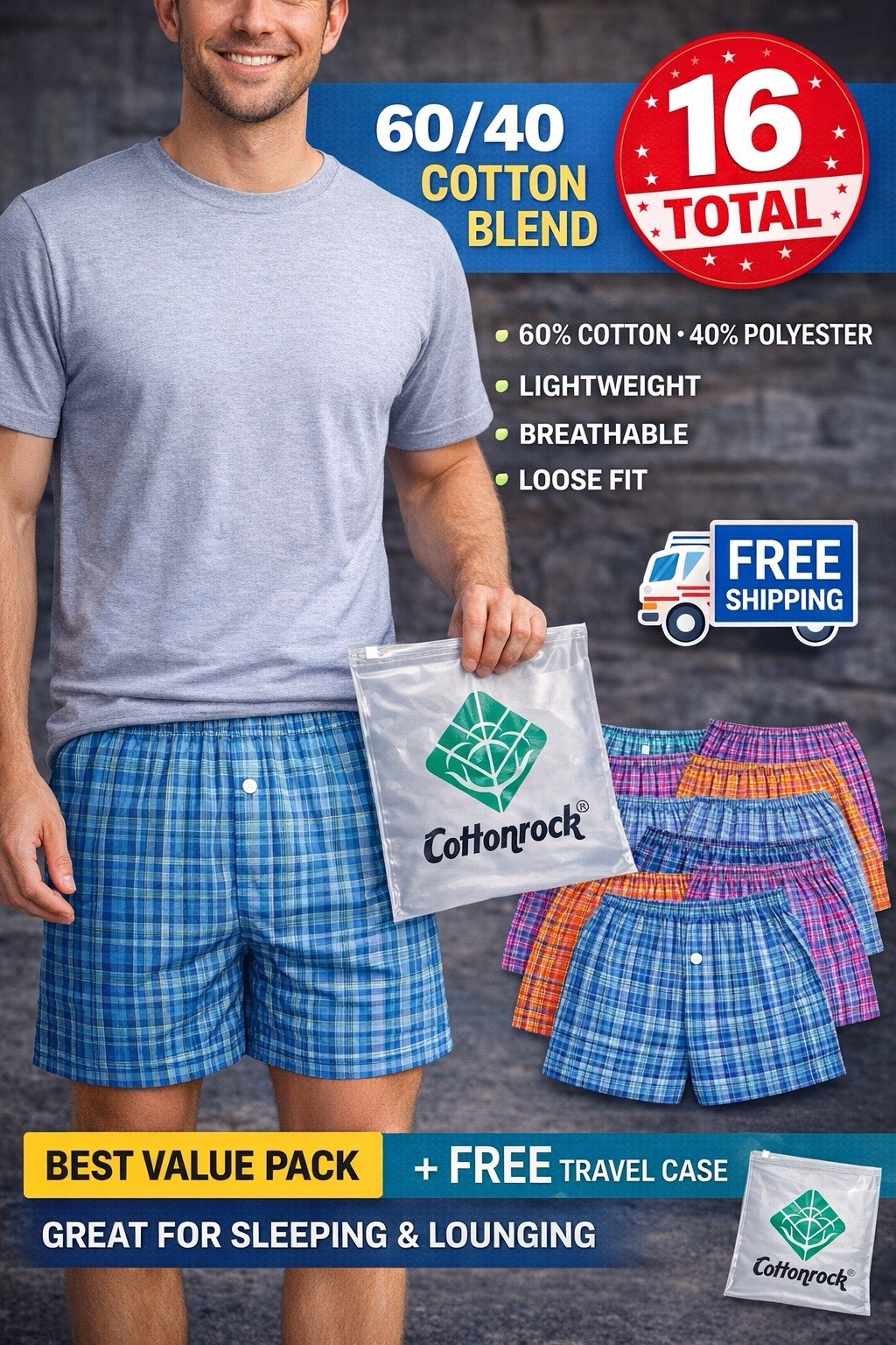 Men Cotton Blend Boxer Shorts New Value 16 Pack/ Soft Breathable Comfy Loose Fit