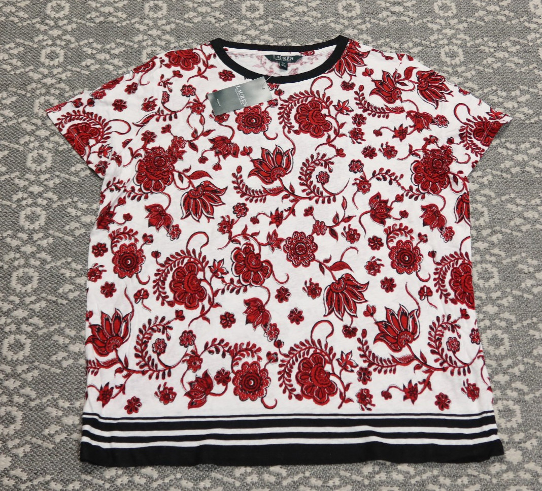 PLUS SIZE New Lauren Ralph Lauren Women’s Linen Blend Floral Tee T-Shirt – 2X