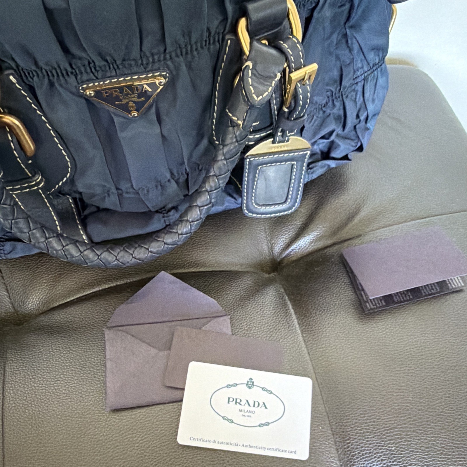 PRADA Blue Quilted Top Handle Bag, Braided Handles, Gold Zip, Auth Card