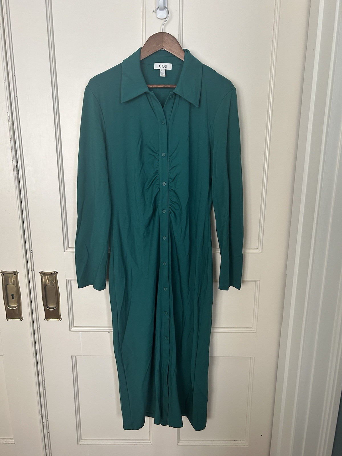 COS Ruched Button Front Collared Midi Sheath Dress Womens Size Large Green Class
