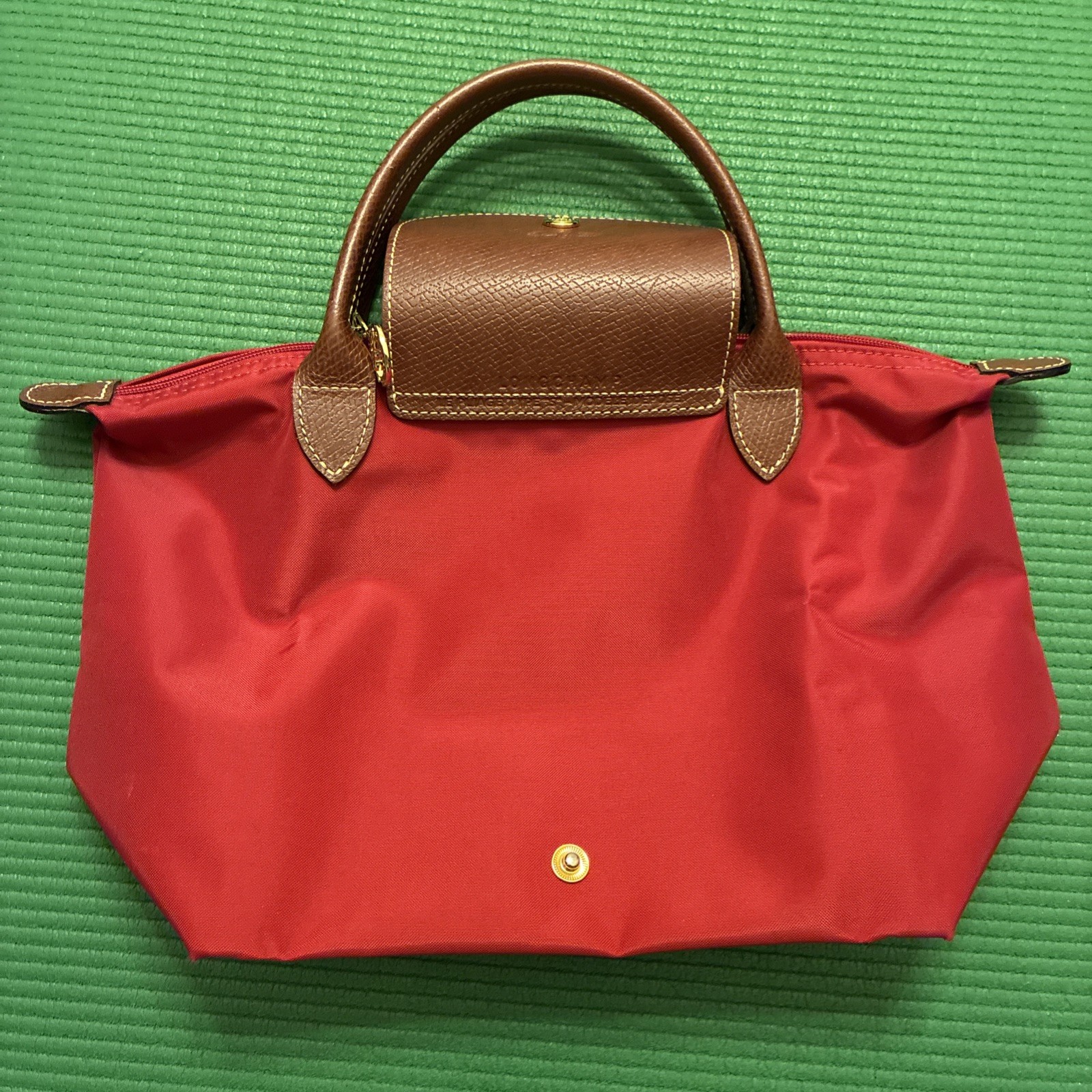 Longchamp Le Pliage Bag Womens Small Red Nylon Tote Leather Trim Gold Hardware