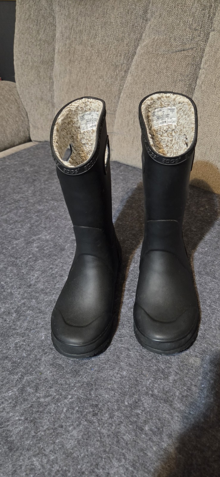 Bogs Rainboot Plush Kids Black Lined Pull-On Rain Boots US 4 EU 37