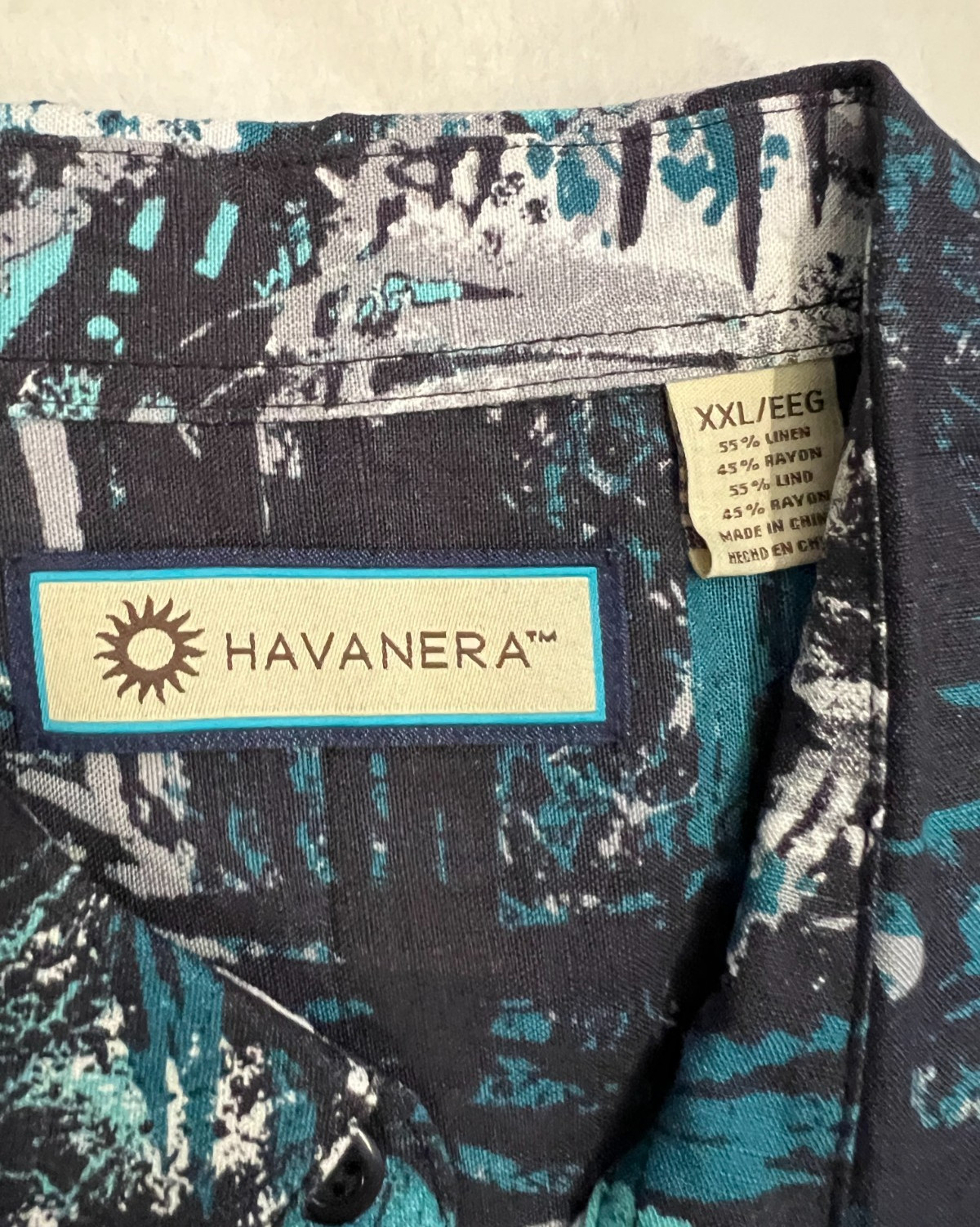Havanera Mens XXL Hawaiian Shirt Blue Black Tropical Linen Rayon Camp Button NWT