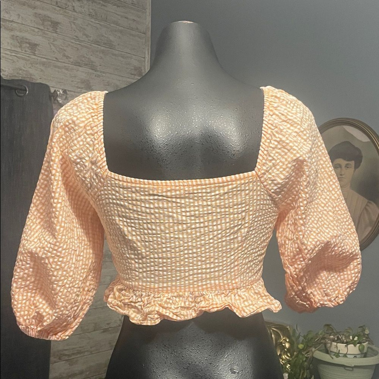 Lush Orange and White Checkered Puff Sleeve Crop Top