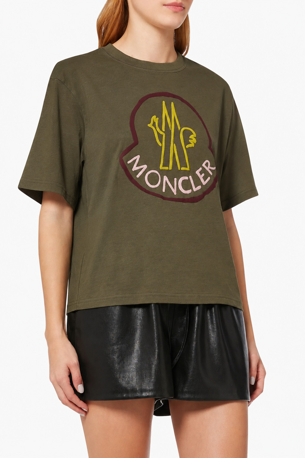$250 MONCLER Women’s Logo Cotton Jersey SS T-shirt – Khaki / Army Green – 10 / L