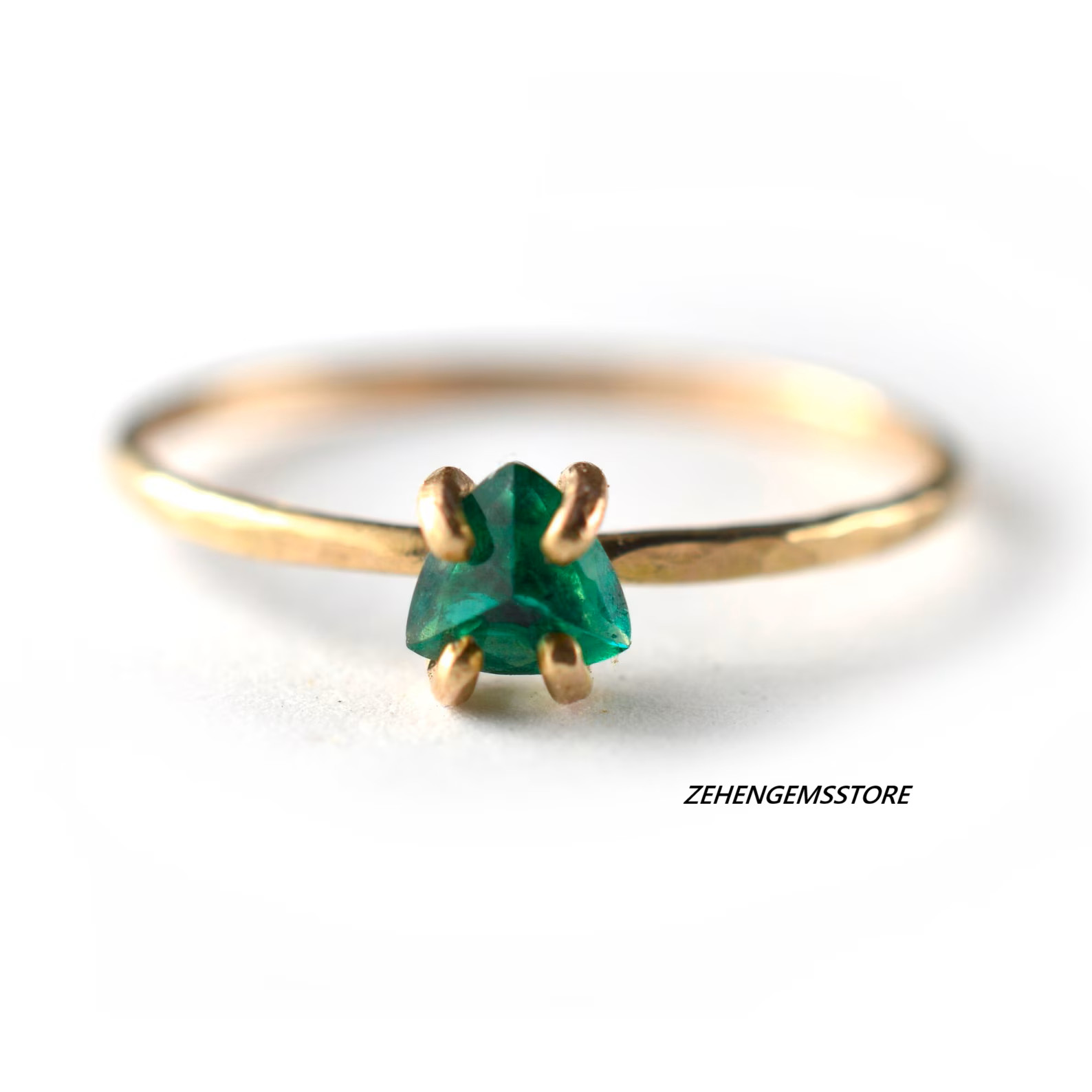 Lab created Trillion Cut Green Gemstone Ring Gold Plated 925 Sterling Silver