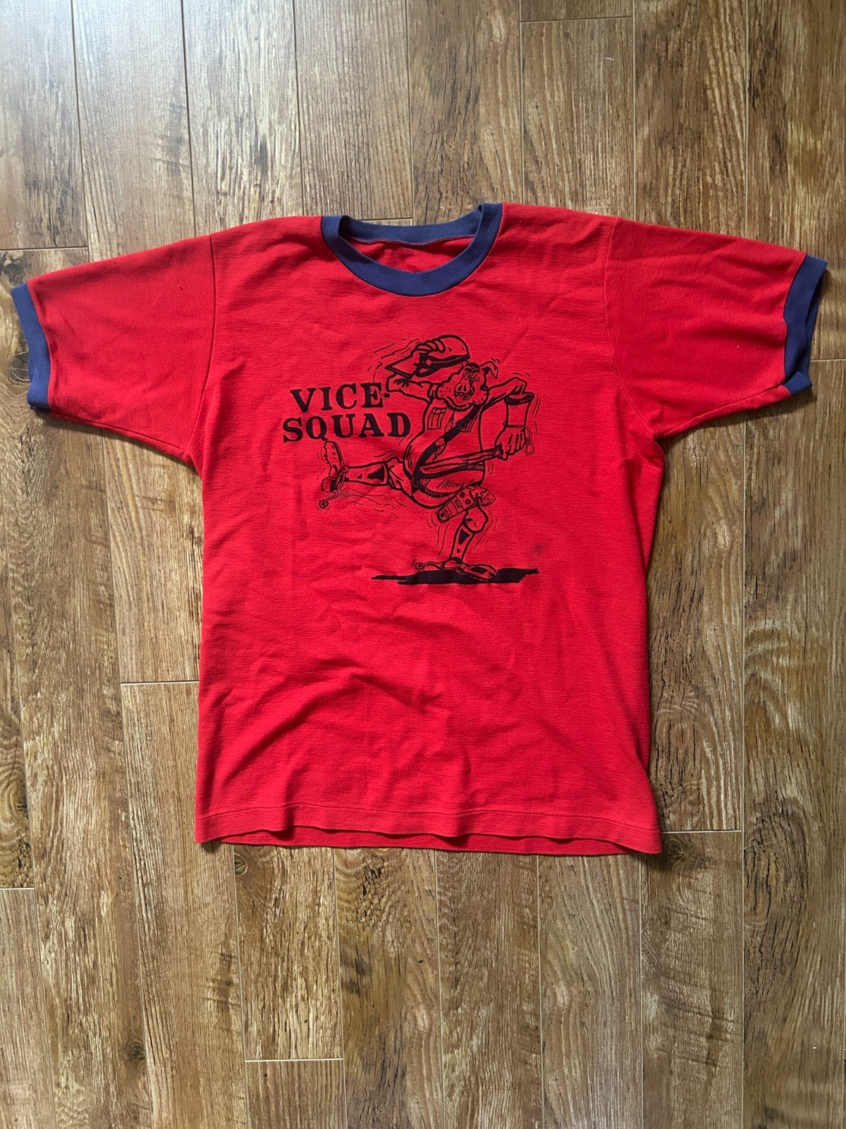 1970s Vice Squad Police Pig Graphic Ringer Tee Red & Blue 1974-1975