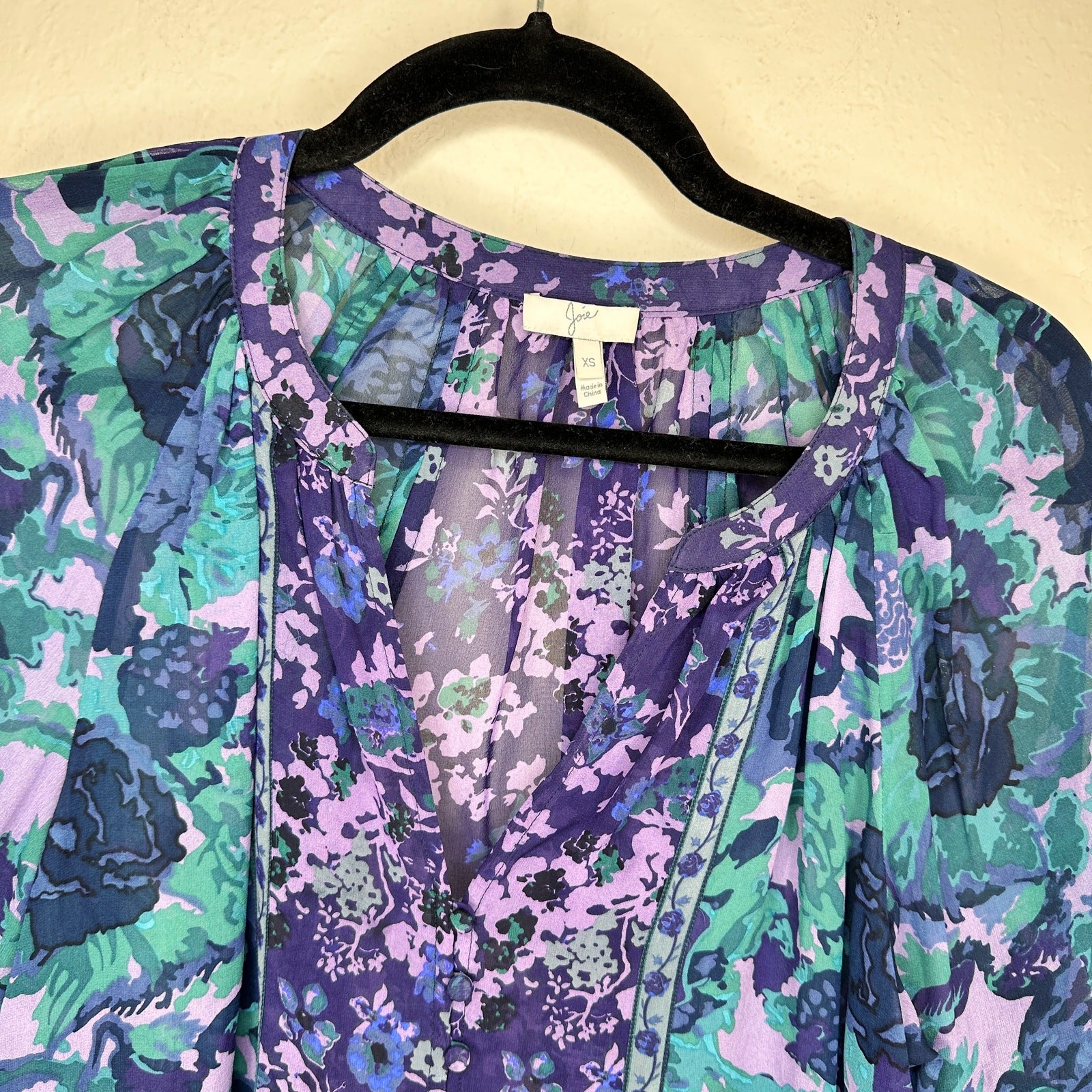 NWOT Joie Gloria Silk Sheer Blue Green Purple Floral Puff Sleeve Blouse Top XS