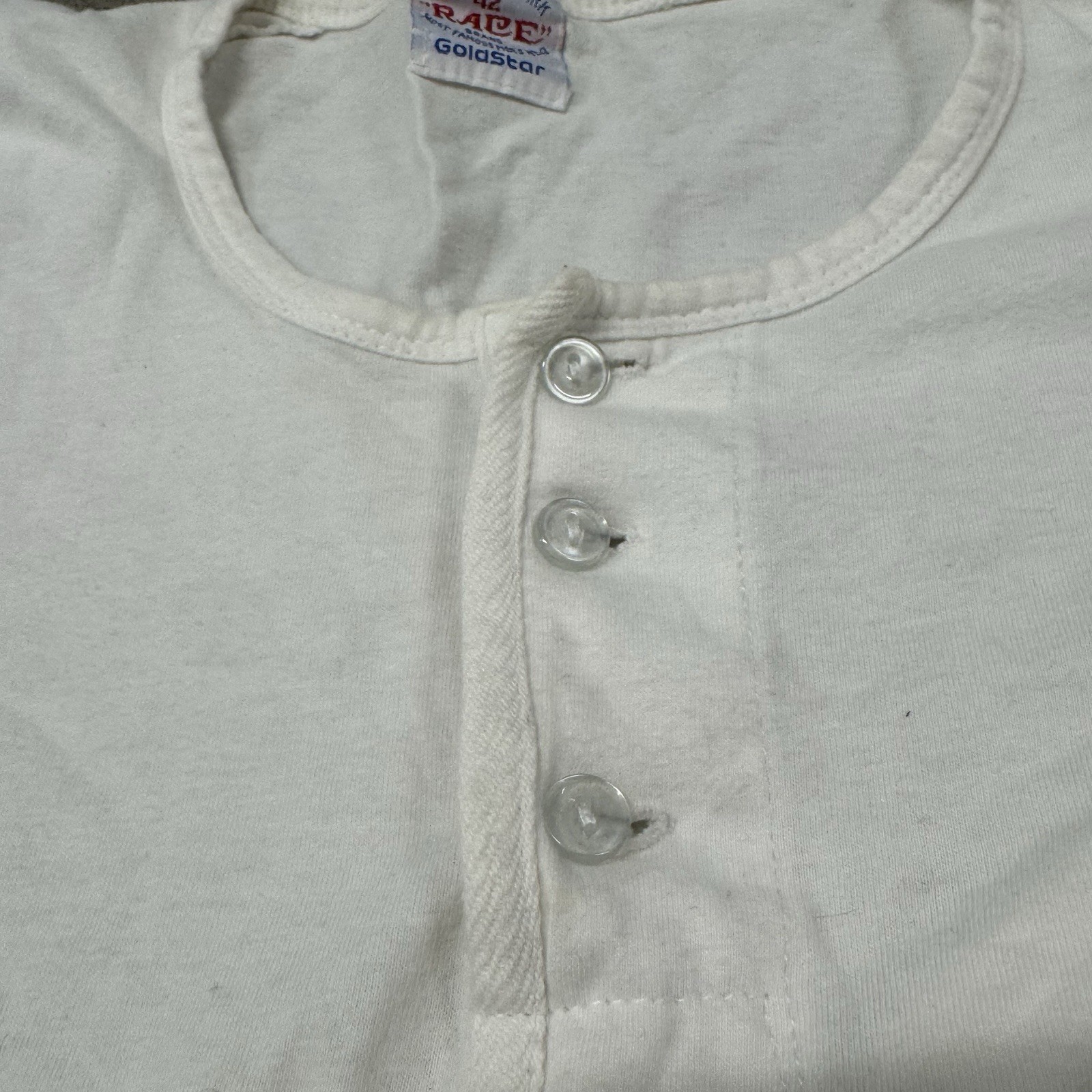 Vtg 60s 70s Race Brand Goldstar Henley T-Shirt Mens 42 white long sleeve