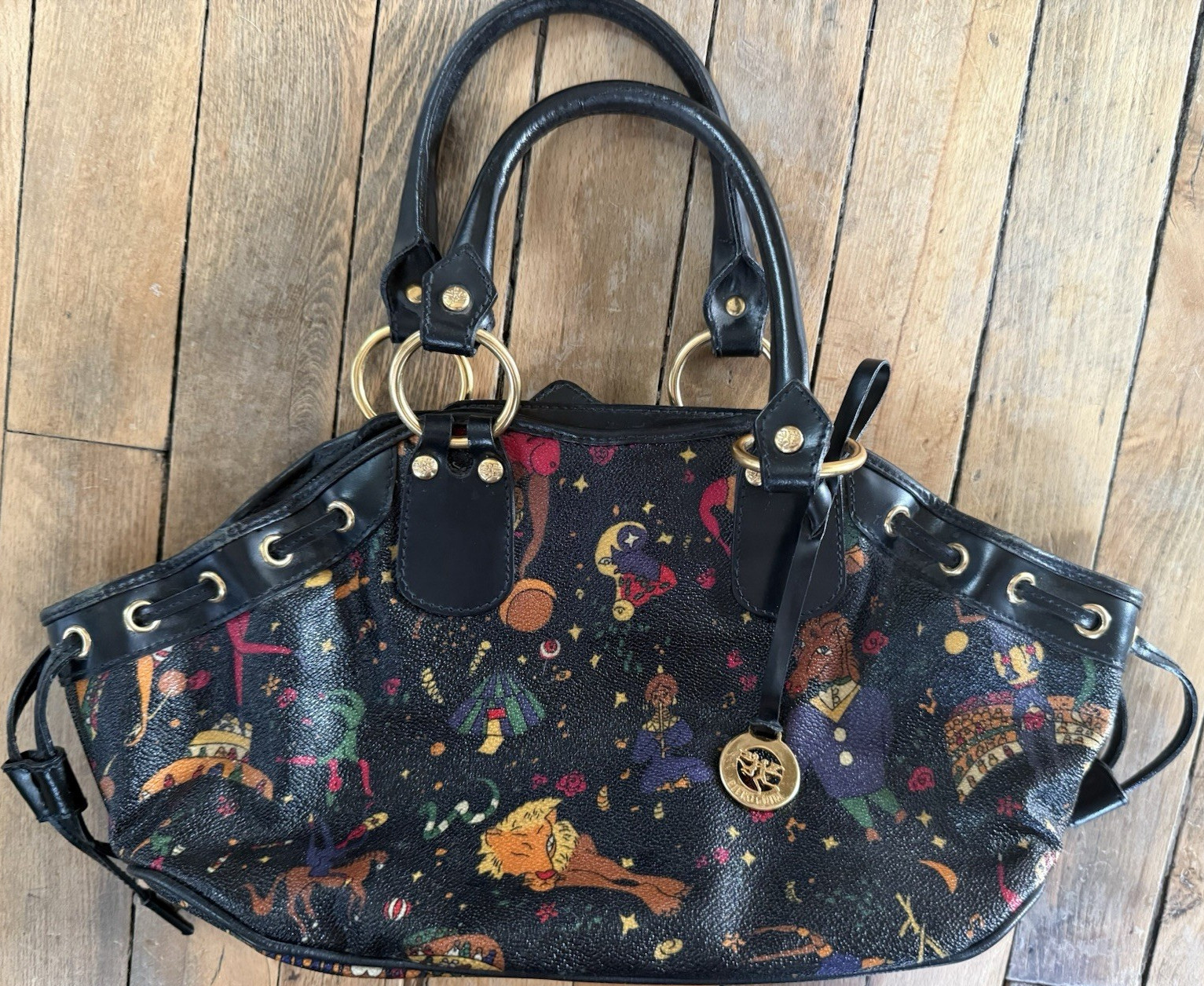 Piero Guidi Magic Circus Large Satchel Bag Black Multicolor Gold Hardware