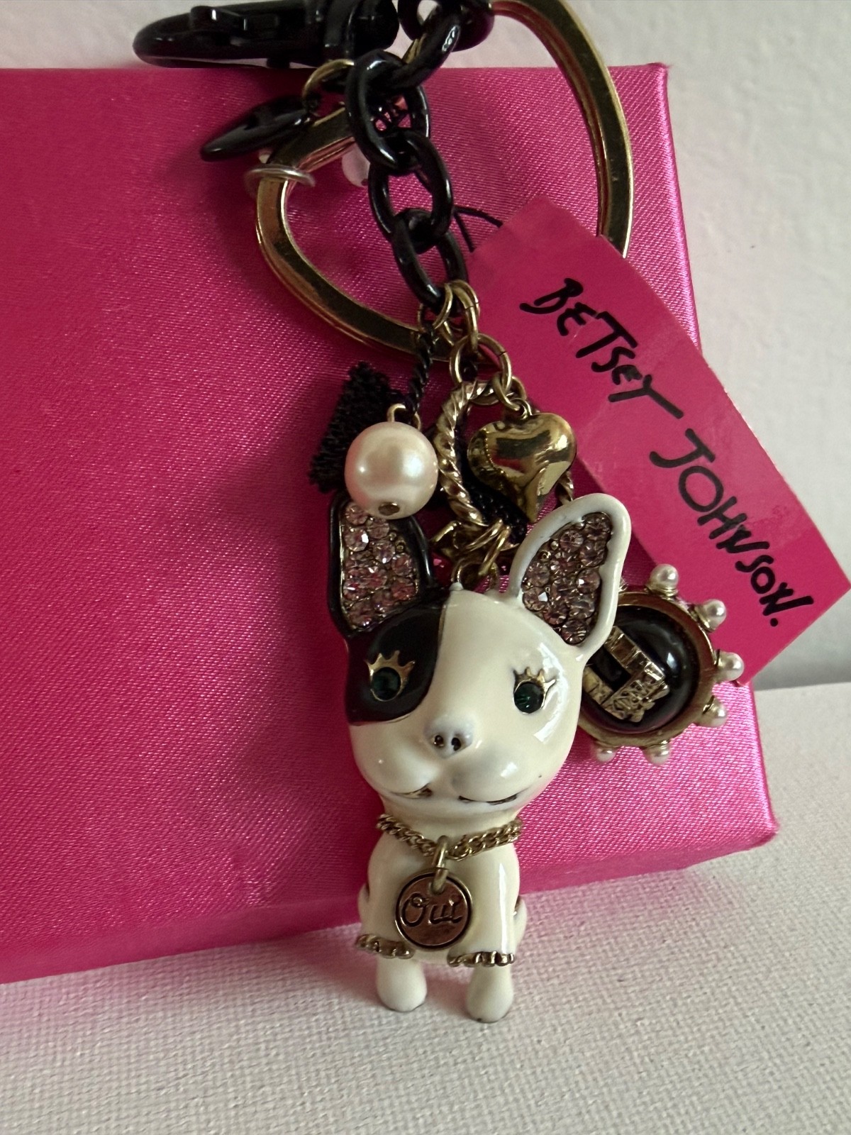 Rare Betsey Johnson Vintage Paris French Bulldog Keychain Bag Charm New In Box