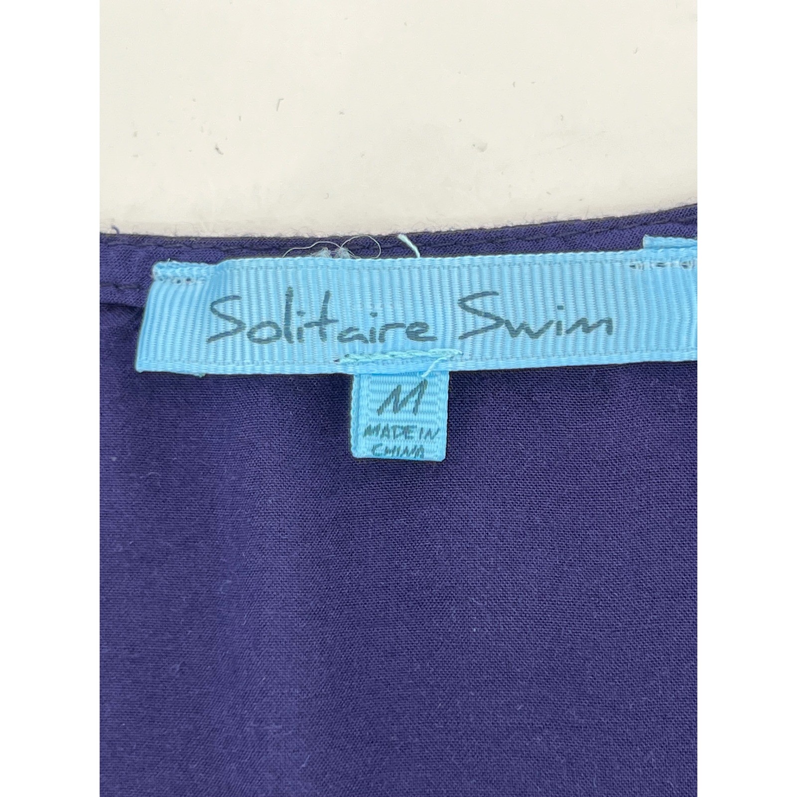 Solitaire Swim Cover Up Tunic Dress Crochet Trim V Neck Navy Blue Size M