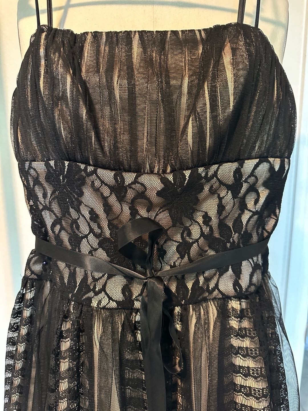 OC by OC Black Lace Overlay A-Line Mini Dress with Satin Ribbon Belt