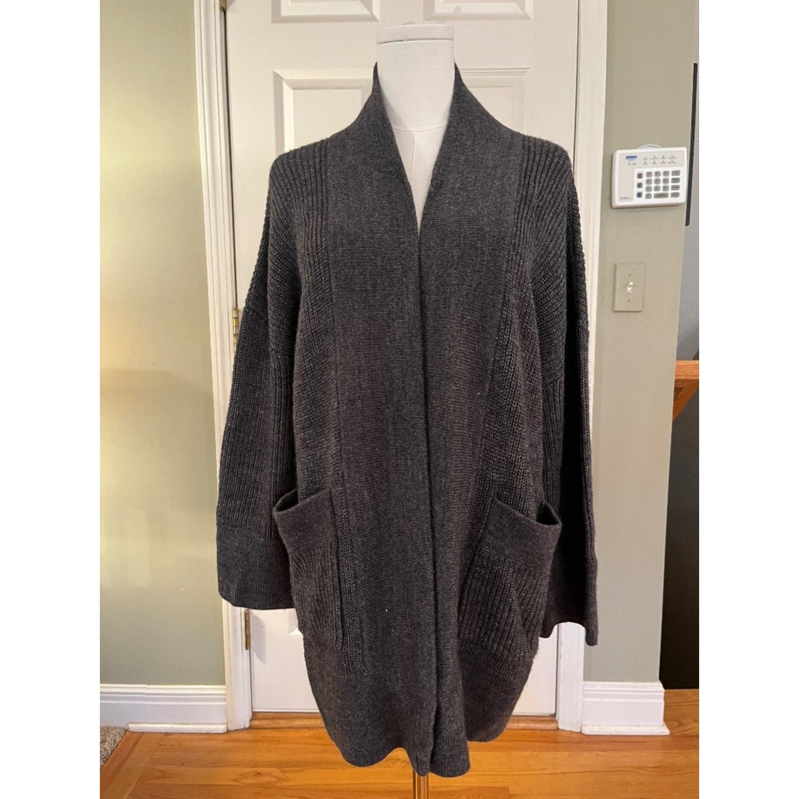 J. Crew Charcoal Gray Open Front Longline Knit Cardigan Sweater with Pockets – M