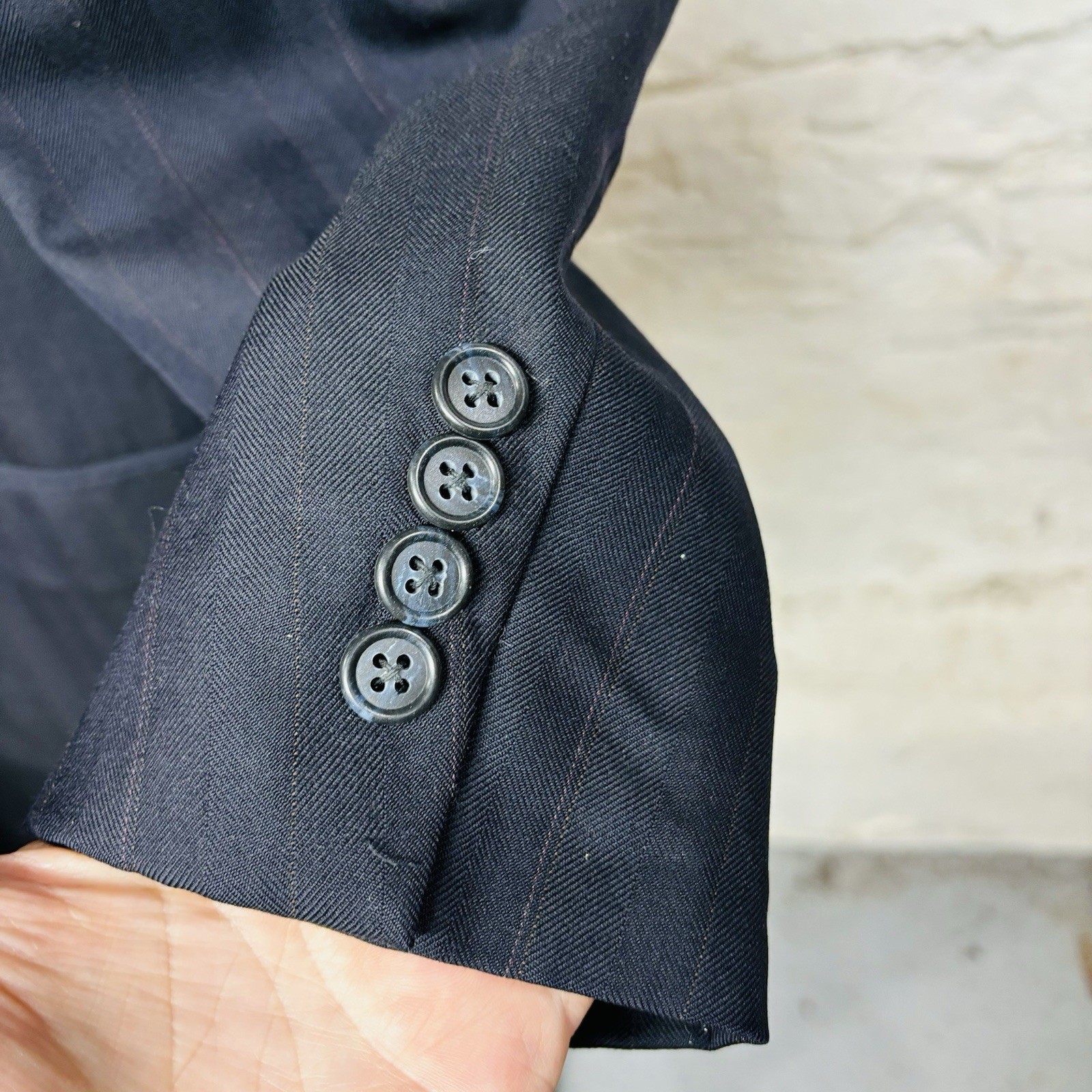 Burberry’s Striped Navy Double Breasted Wool 2-Piece Suit 34×30 Cuffed Pant Vtg