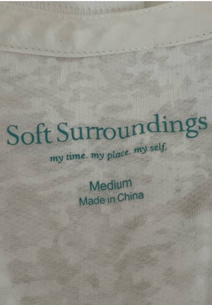 Soft Surroundings M Mixed Media Off White Top Rhinestone Button Silk