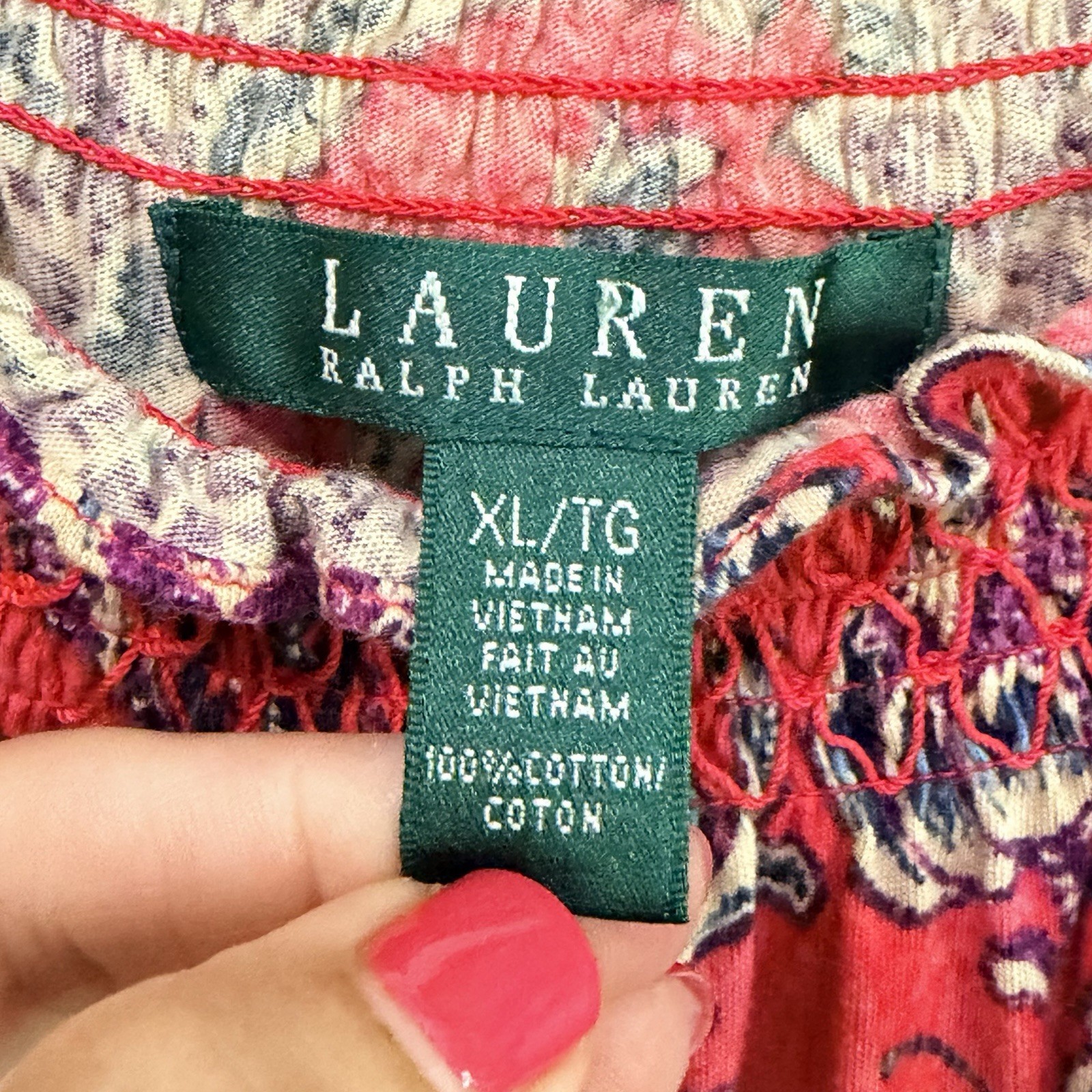 Lauren Ralph Lauren Top XL Red Paisley Smocked Neck Stretch Knit Preppy Shirt